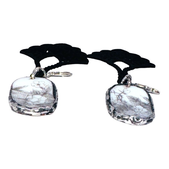 Broken China Chandelier Earrings Artisan Brutalist Glam Bezels & Faux Leather - Picture 6 of 15